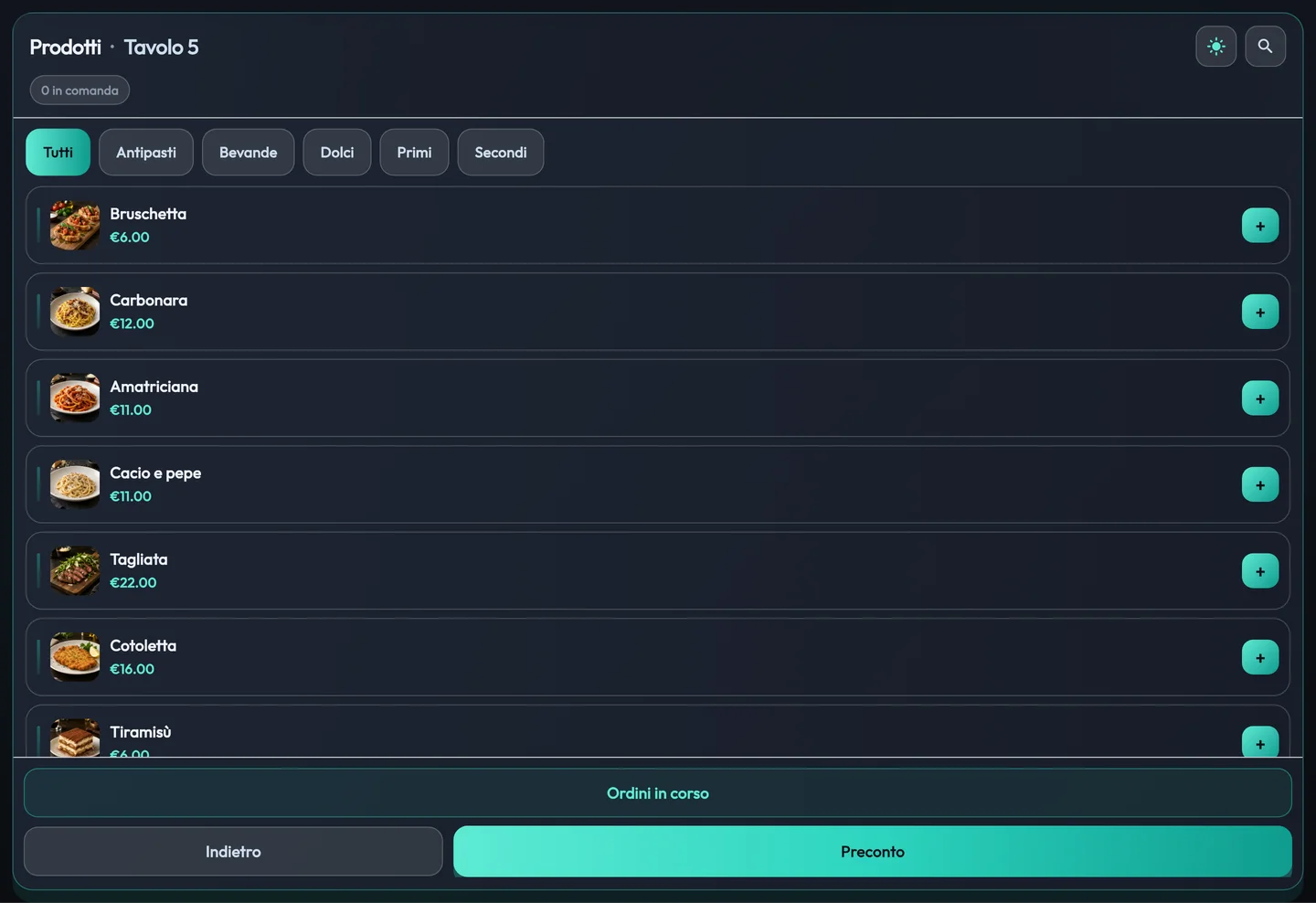 RistoSuite Terminal: il menu con le foto dei piatti, pronto per prendere l'ordine